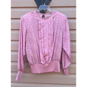 Vintage Castleberry Pink Polka Dot Pleated Long Sleeve Blouse Womens Size 14